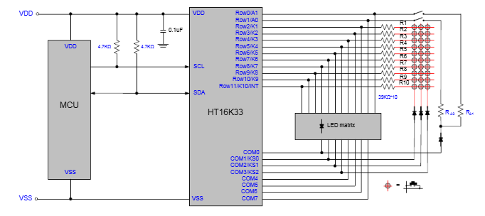 12*8 display application: (No INT pin function and 10*3 key function)
